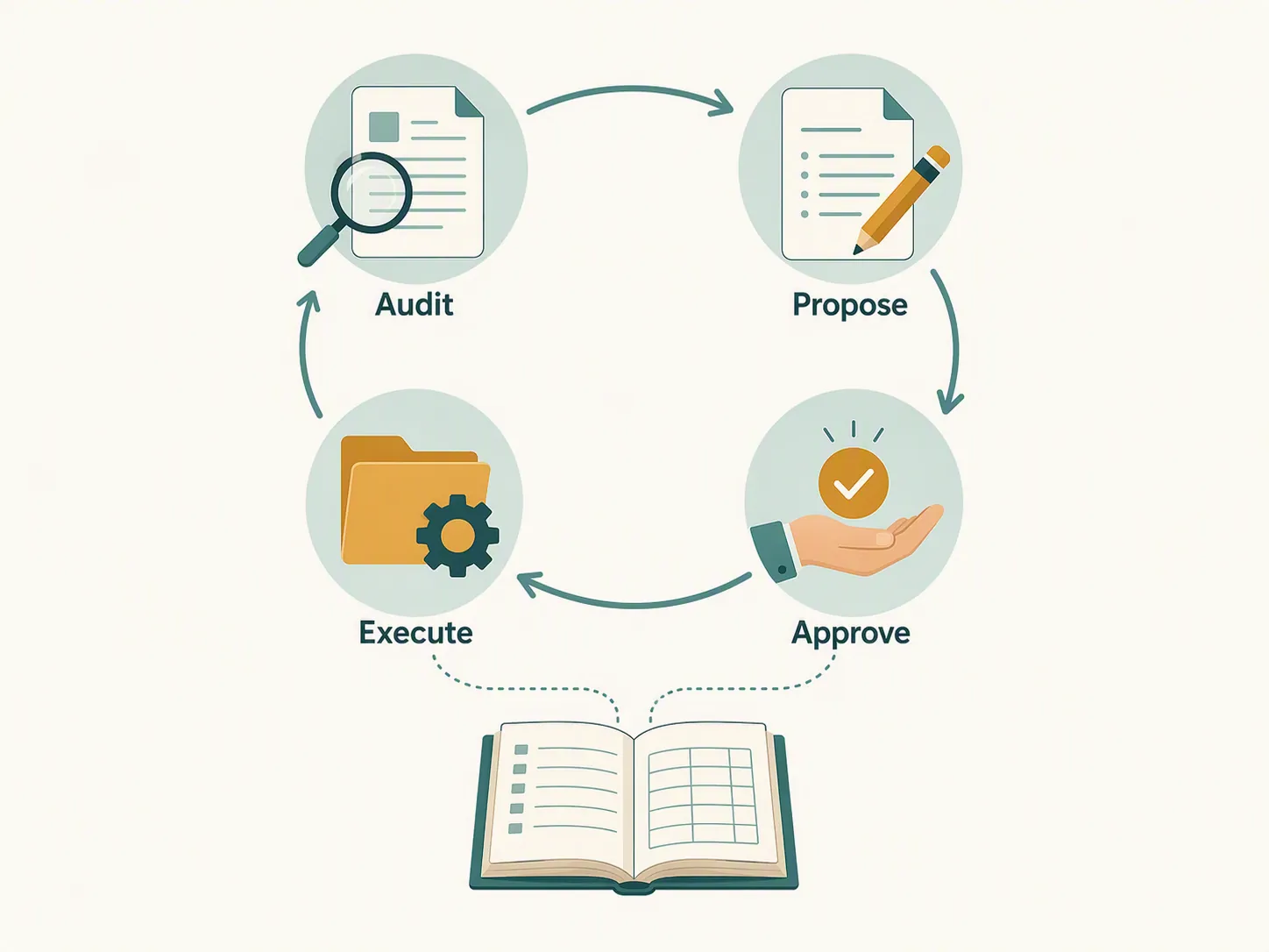 Audit, propose, approve, and execute workflow with a change log