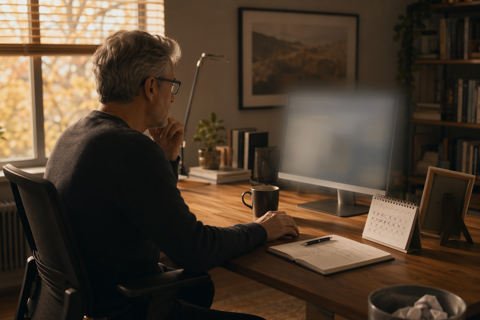 A midlife knowledge worker sits at a desk in a softly lit home office, paused over a mouse beside a notebook, coffee mug, and calendar.