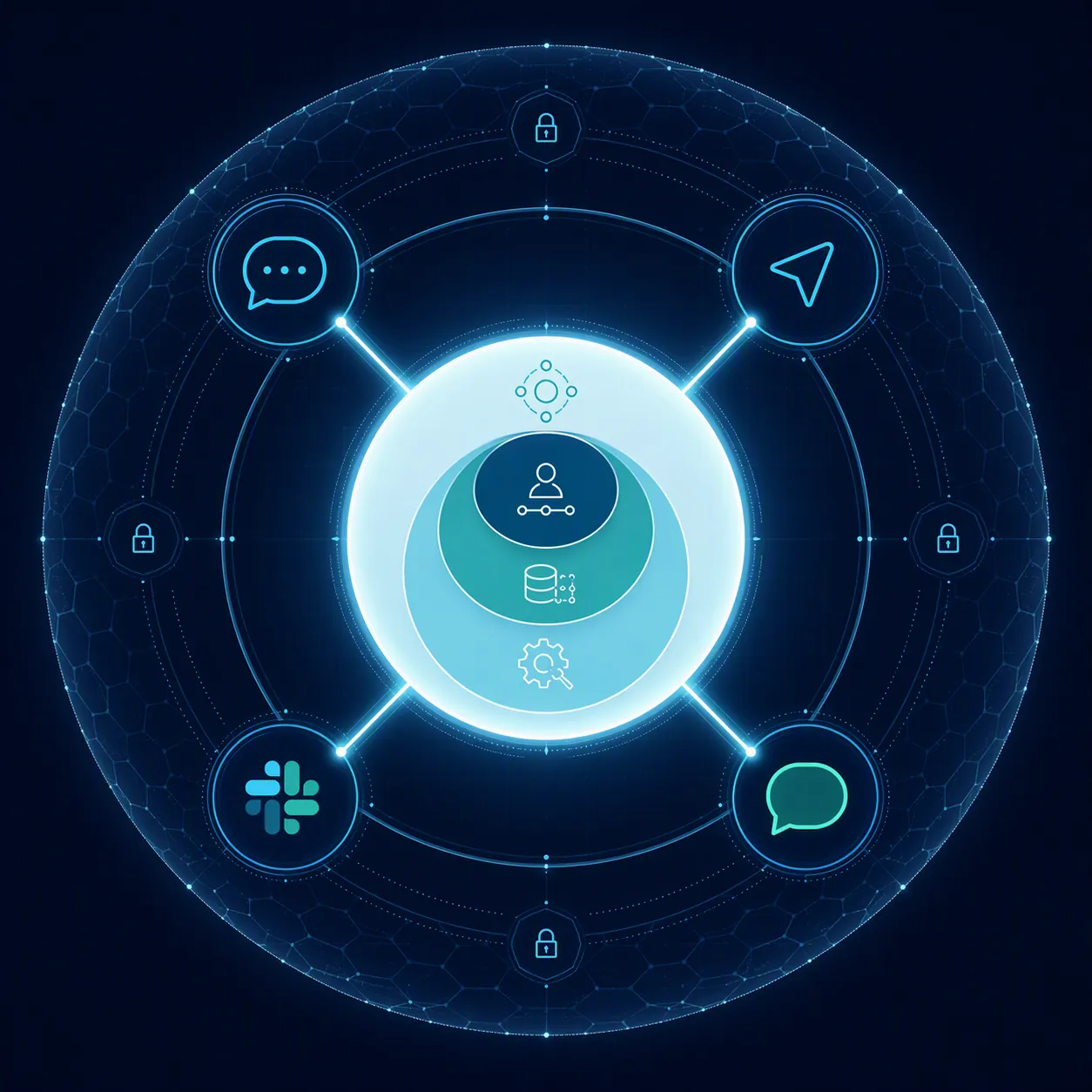 Hub-and-spoke AI agent architecture diagram with session management, memory systems, tool execution, and sandbox isolation