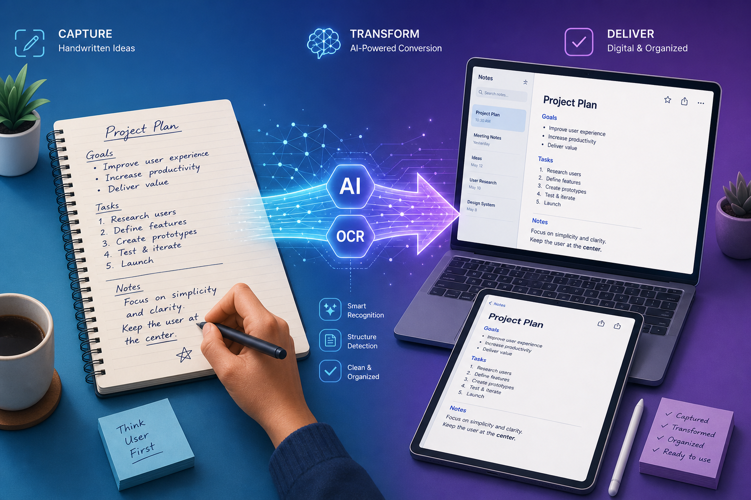 Split-composition illustration showing handwritten notes on the left, a glowing digital bridge with AI and OCR labels in the center, and converted digital text on a laptop and tablet screen on the right.