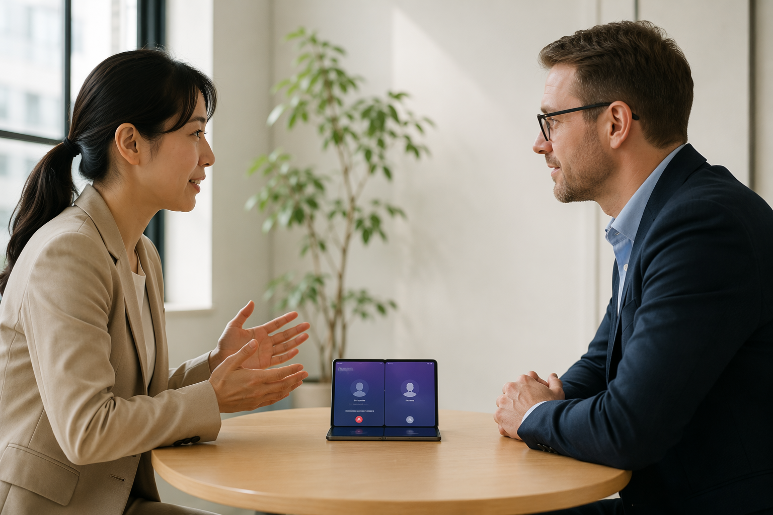 Two professionals using a Samsung foldable phone for split-screen interpreter translation