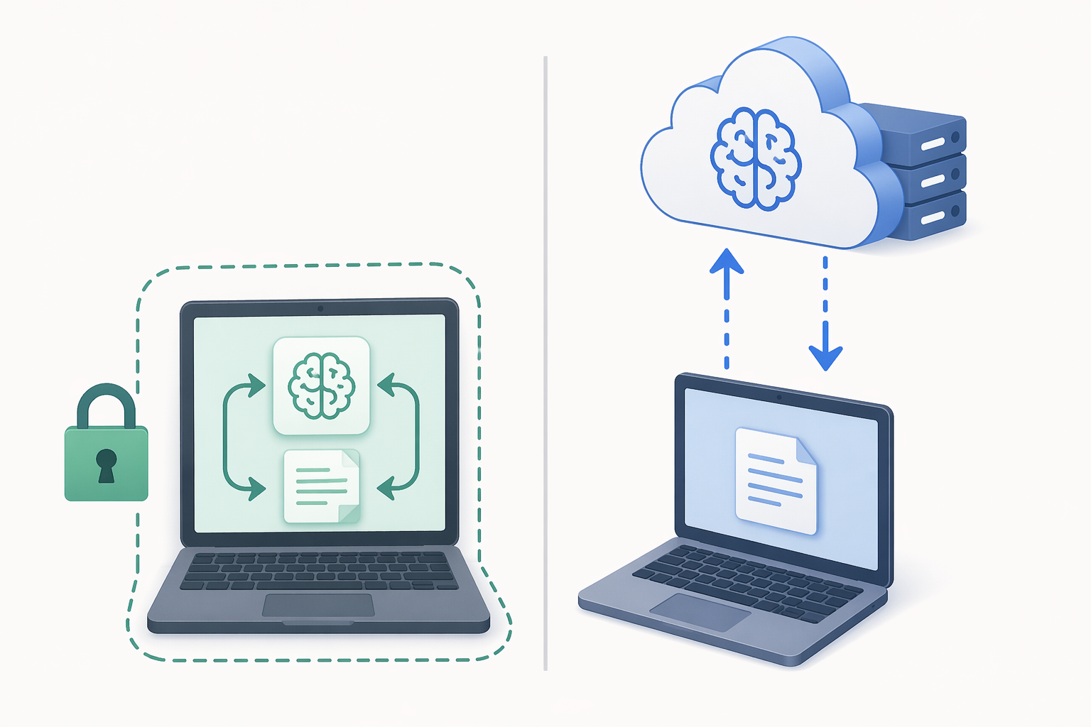 Data-flow comparison showing local AI data staying on device and cloud AI data traveling to a server