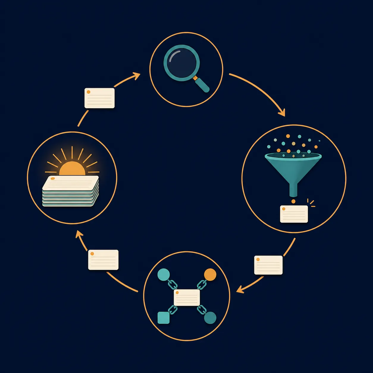 A four-stage research loop moving from ask to distill, link, and resurface