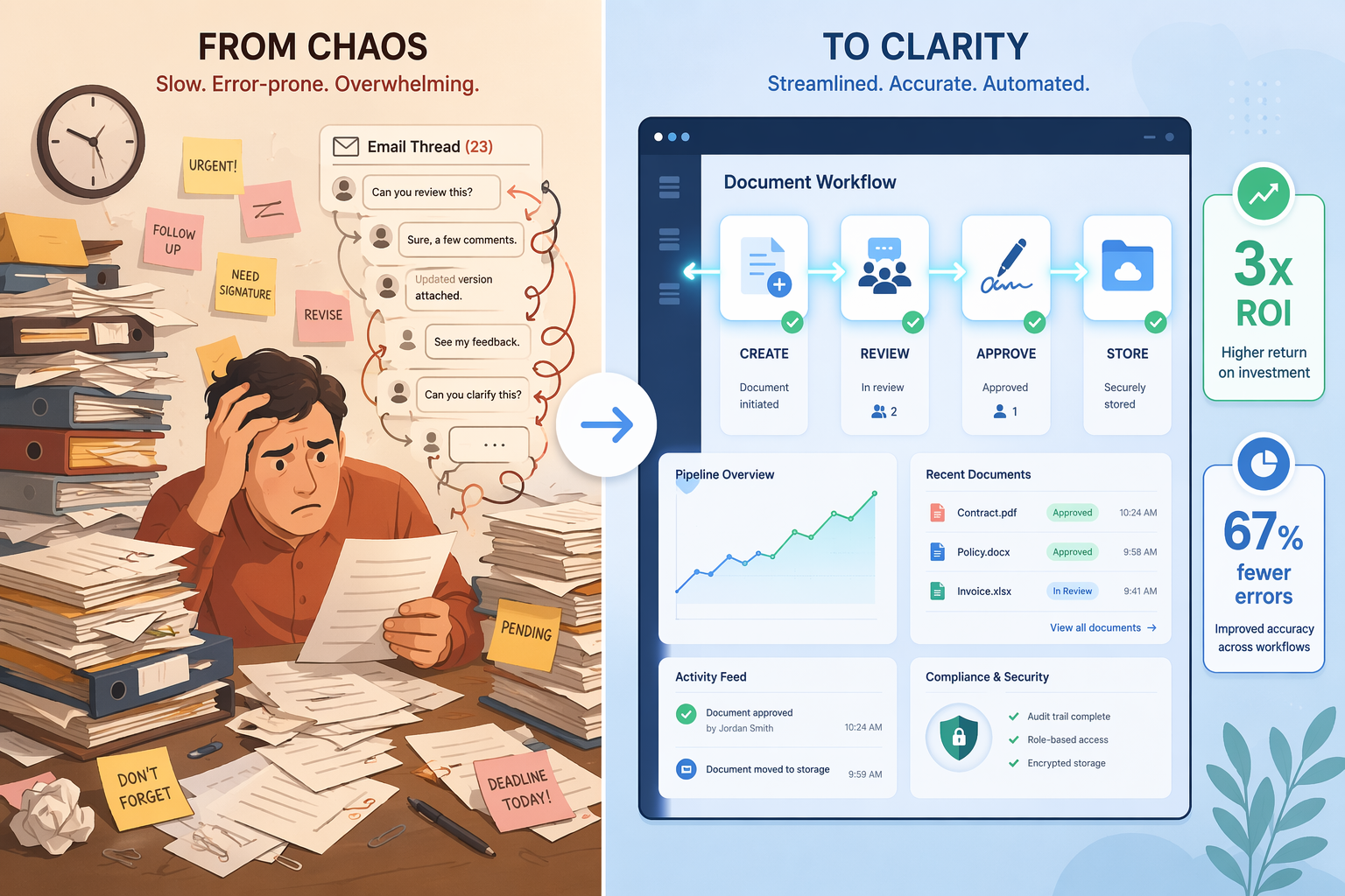 Two-panel split illustration: left side shows chaotic paper-based workflow with sticky notes and scattered folders; right side shows a sleek digital dashboard with documents flowing through create-review-approve-store pipeline stages, with 3x ROI and 67% fewer errors callout badges.