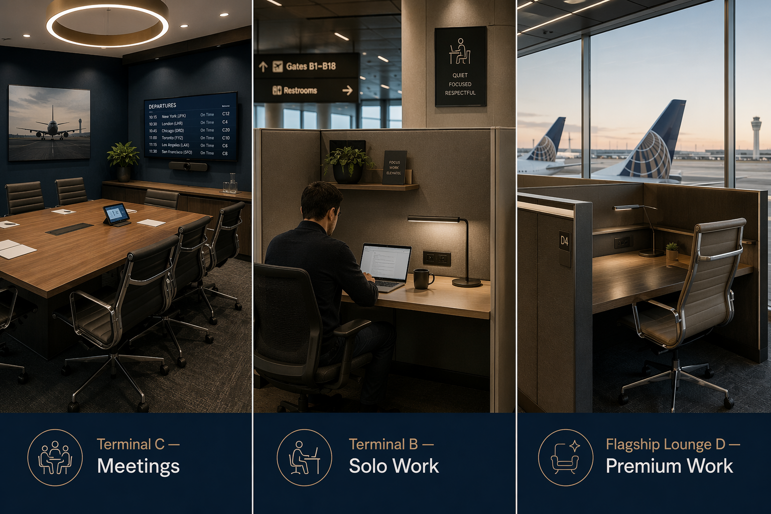 Comparison graphic showing Terminal C for meetings, Terminal B for solo work, and the Terminal D Flagship Lounge for premium individual work