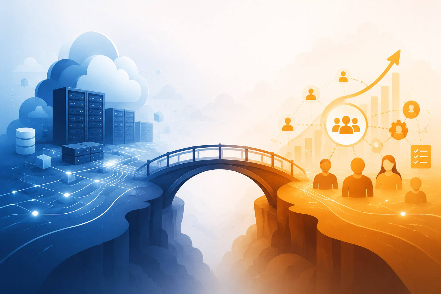 Cloud infrastructure and team productivity elements connected by a bridge-like migration plan