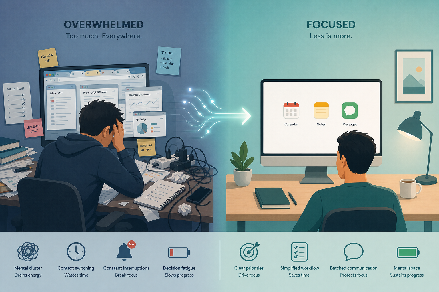 A split-screen illustration showing a cluttered, stressful workspace on the left transforming into a clean, focused workspace on the right, connected by a glowing line.