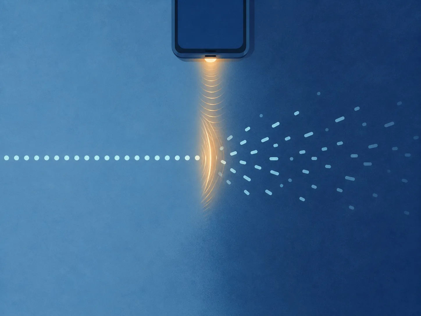 A focused thought line breaking into fragments after a smartphone notification pulse