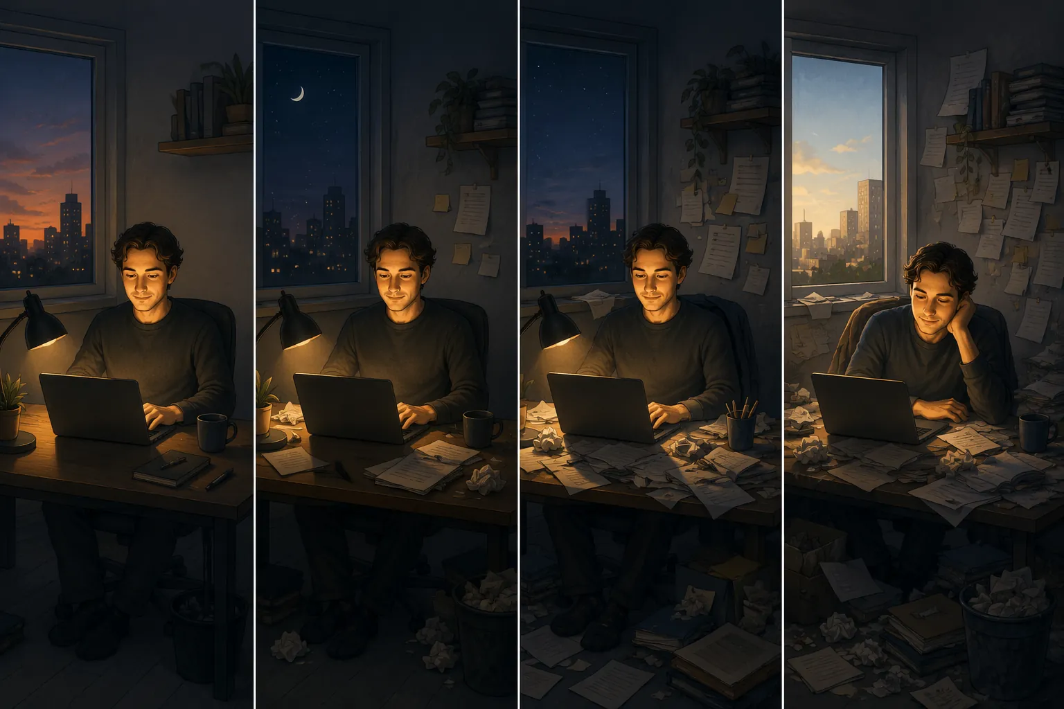 Four panels show a person becoming more sleep deprived over consecutive nights while appearing unaware of the decline