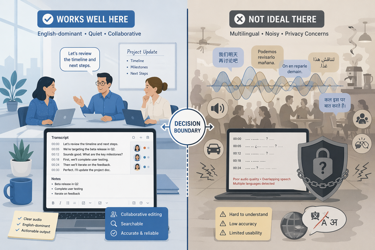 Clean office transcription contrasted with overlapping speech waves, background noise symbols, and a privacy shield