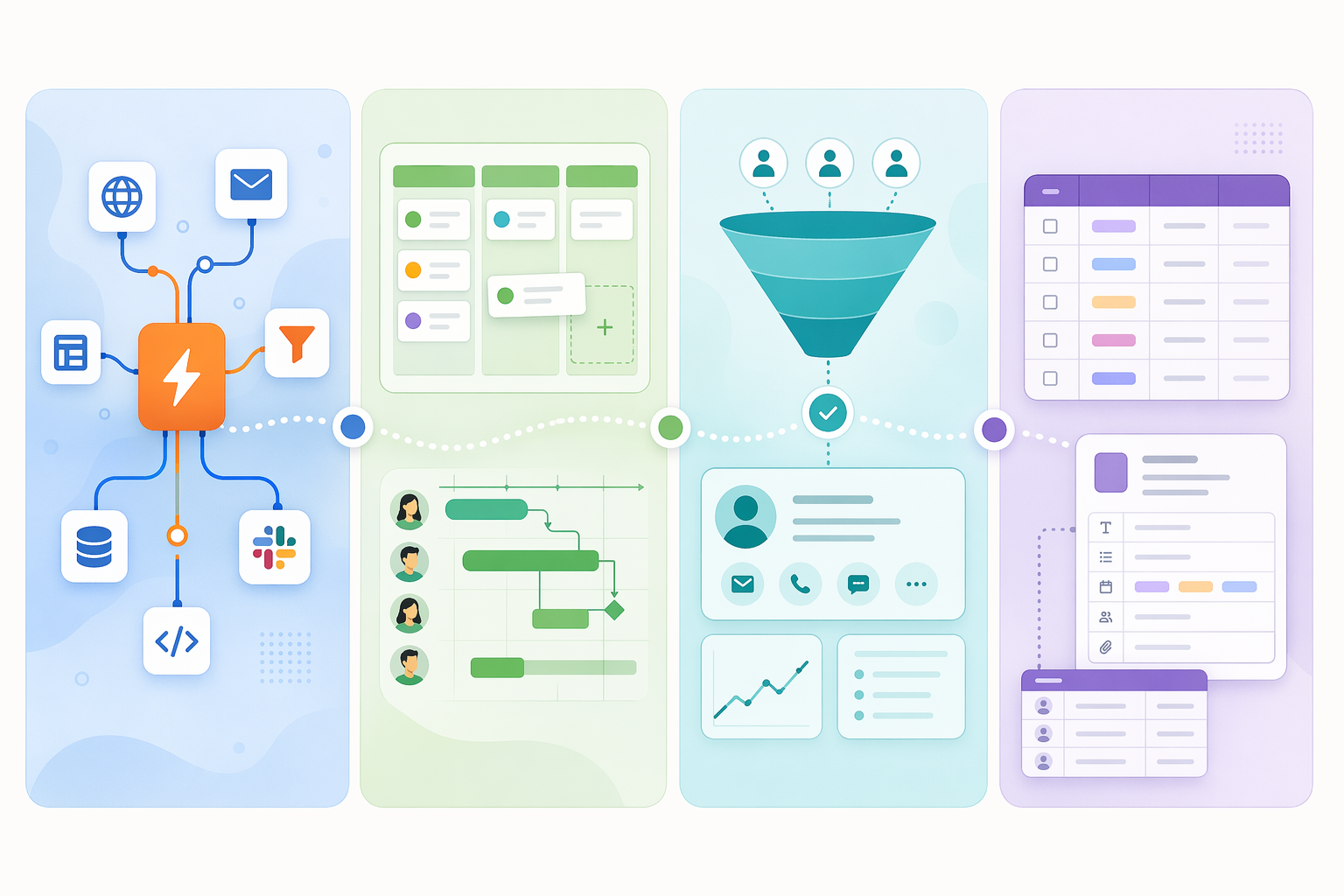Four workflow automation categories shown as automation-first nodes, project-management boards, CRM funnels, and database grids
