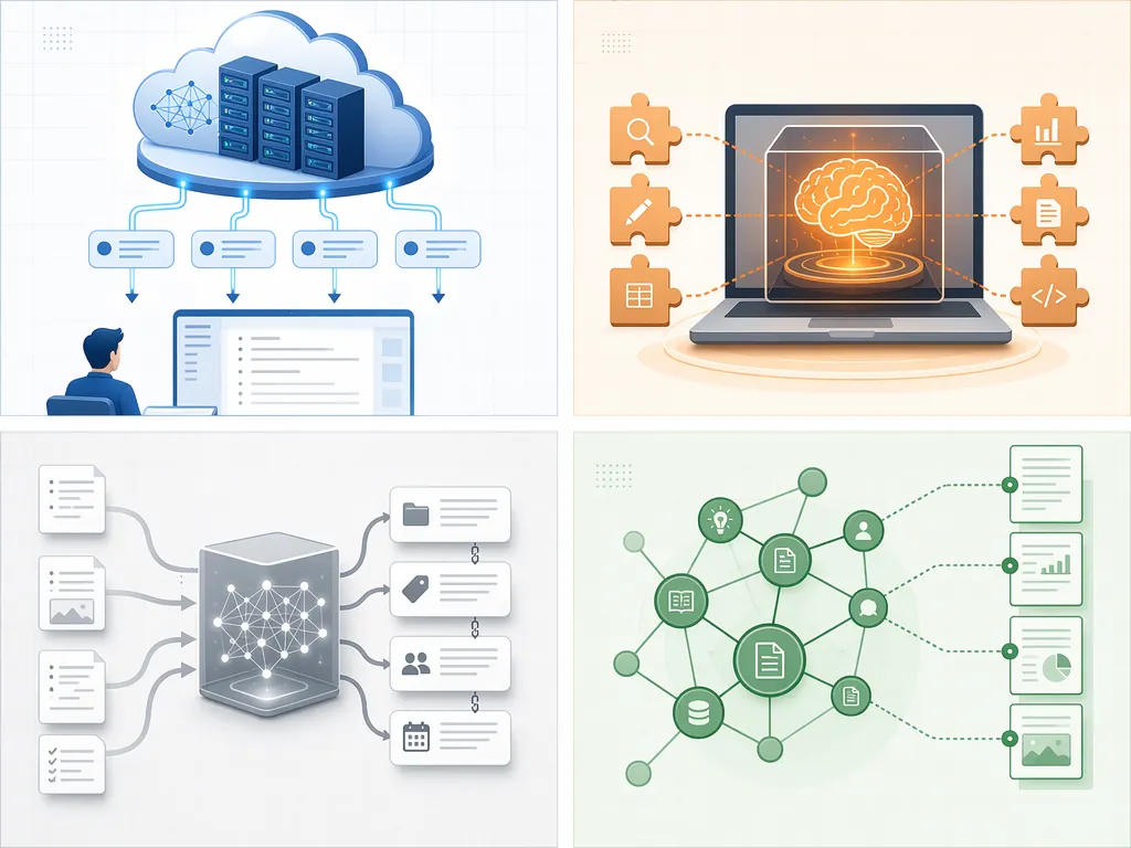A four-zone grid comparing cloud-agent memory, local-plugin control, auto-organization, and source-anchored retrieval