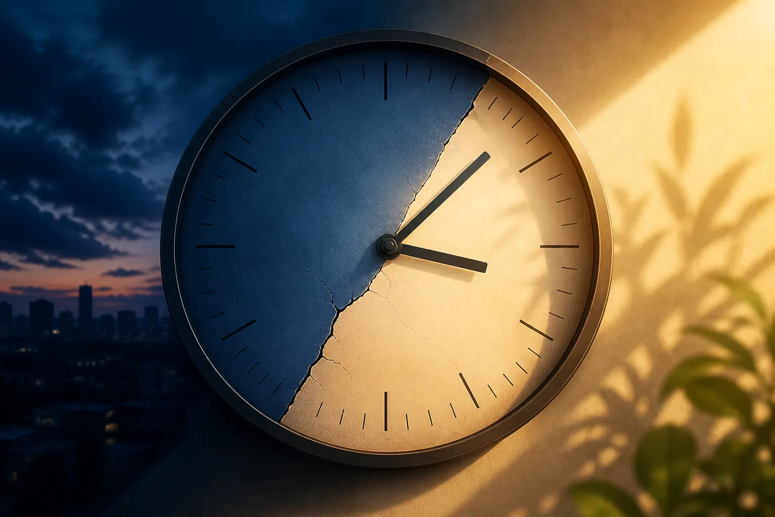 Analog clock face split between pre-dawn blue and warm daylight with a fracture line across the dial