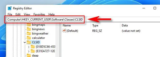 Registry Editor showing the HKCU CLSID InprocServer32 path used to restore the classic Windows 11 context menu