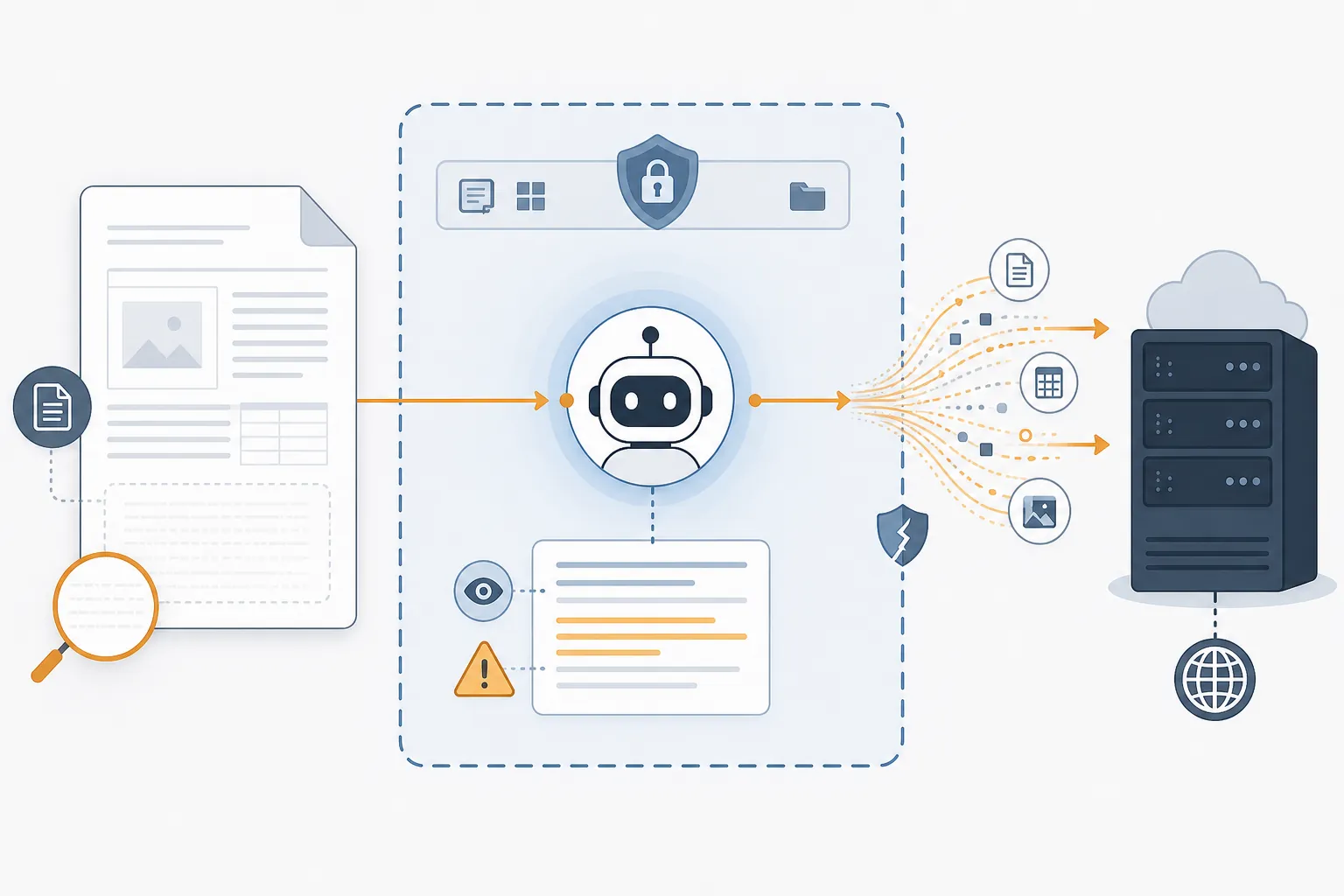 AI prompt injection attack showing hidden document instructions, an AI agent reading content, and data flowing outside a workspace boundary
