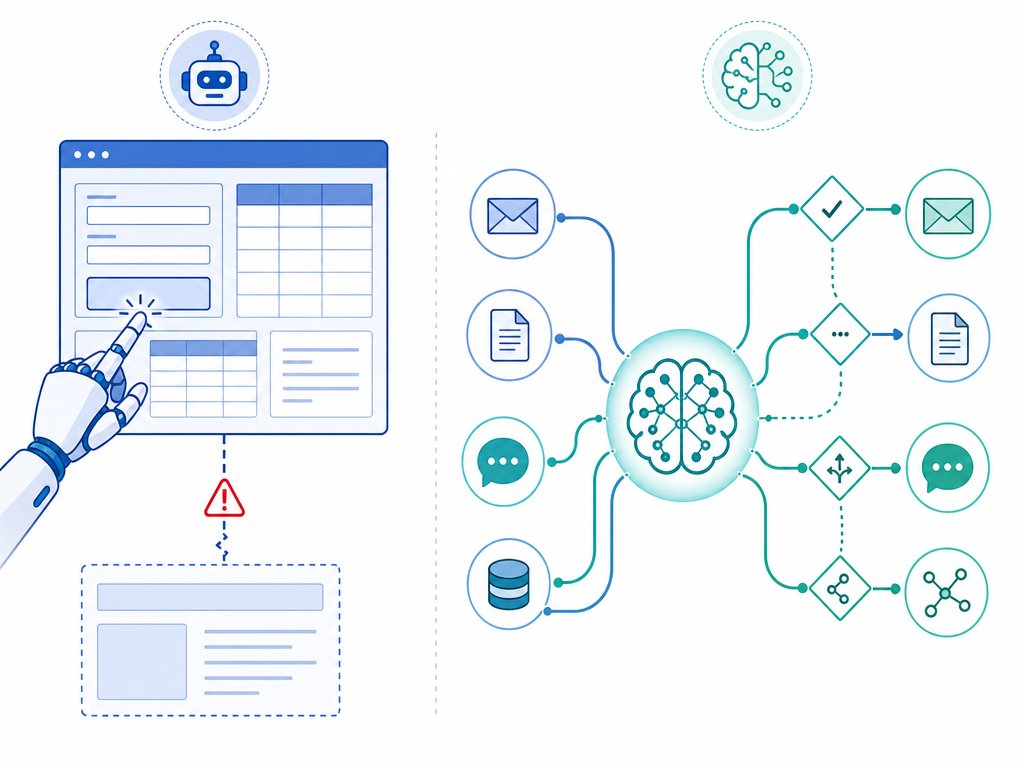 A flat-vector comparison diagram showing RPA's rigid, UI-dependent approach on the left versus AI-native automation's flexible, API-driven approach on the right.