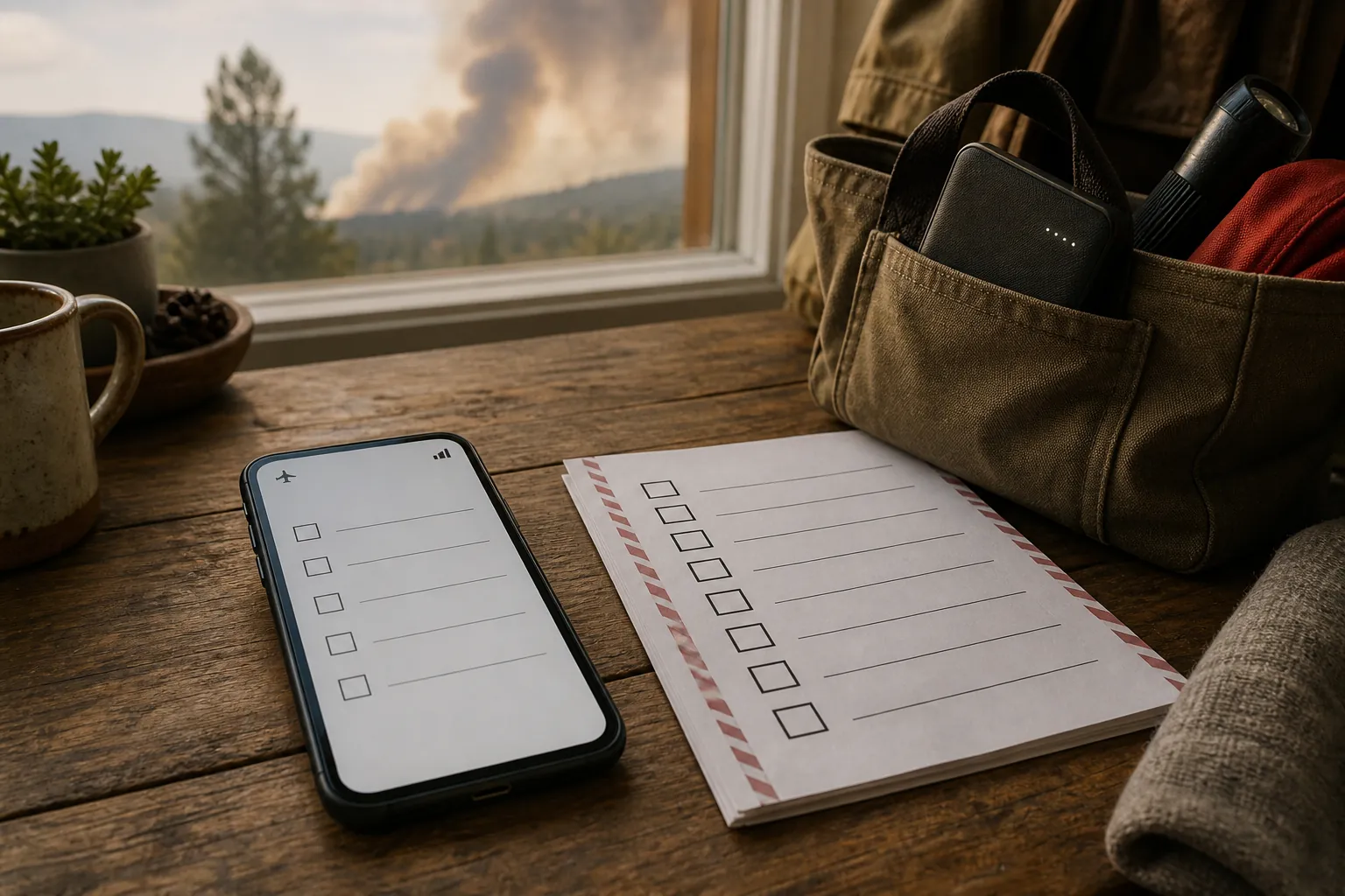 A phone showing an offline checklist beside a printed checklist, emergency tote, and battery pack