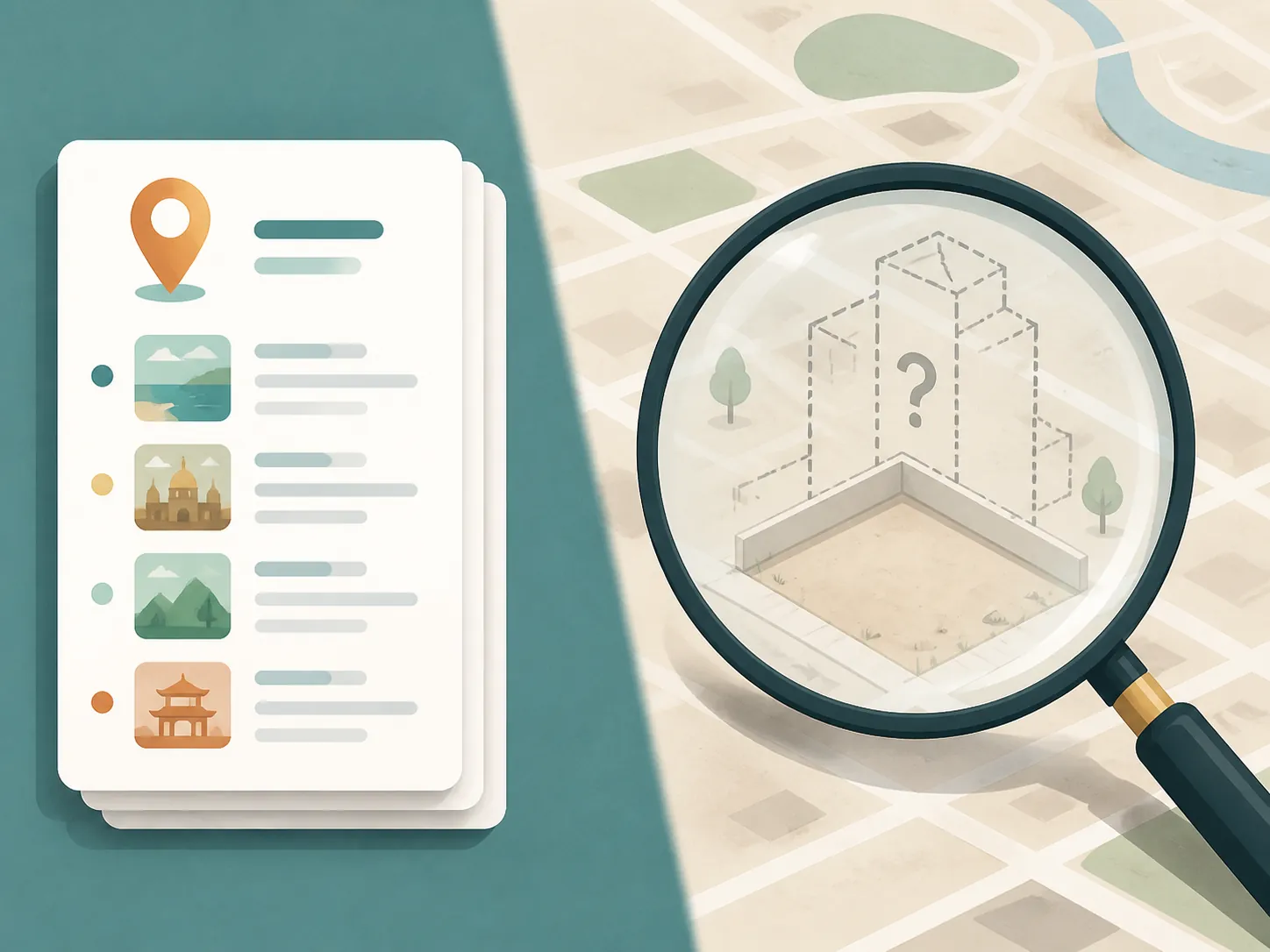 Neat itinerary cards beside a map with an empty building outline under a magnifying glass showing the verification gap