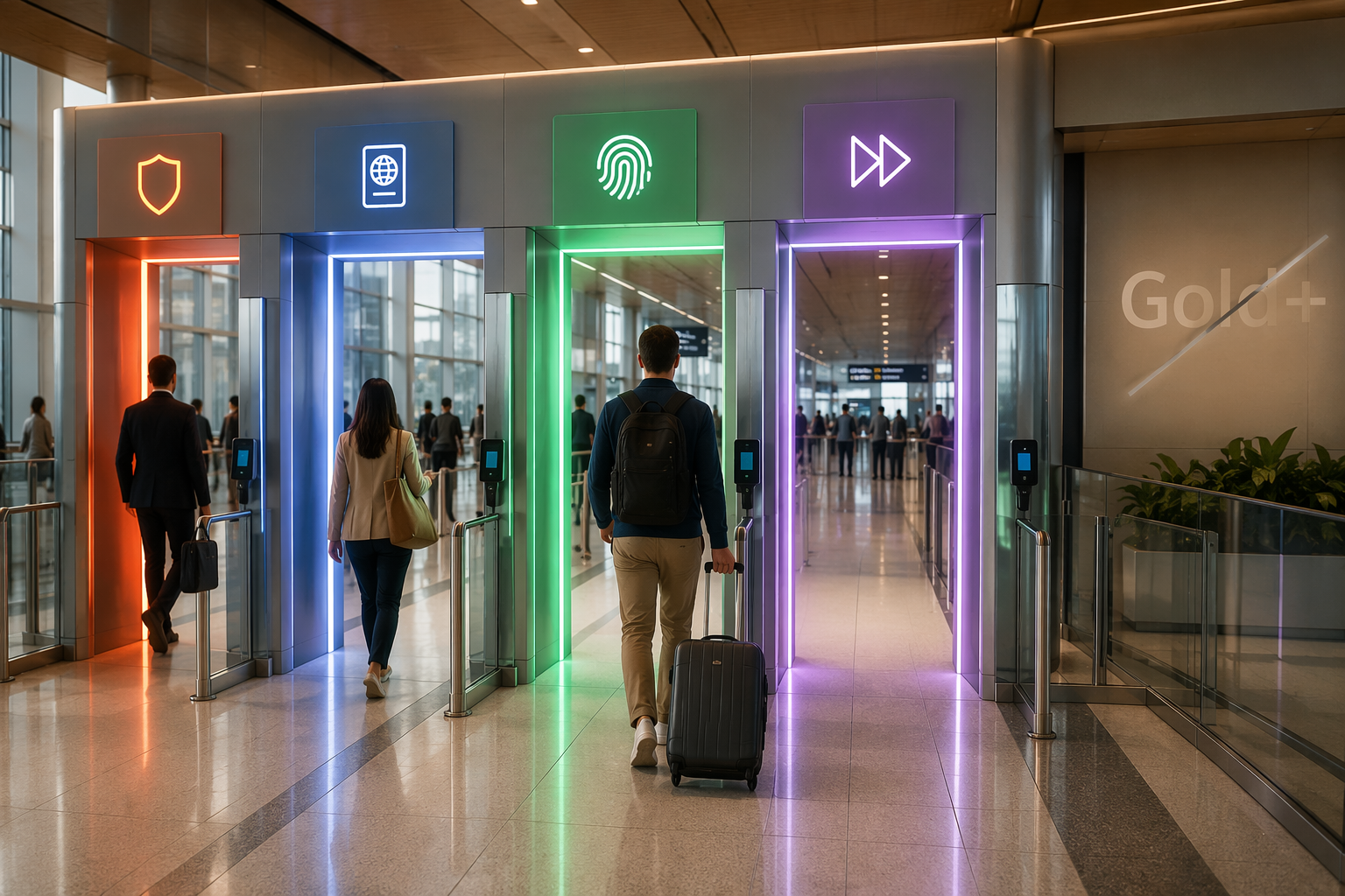 Modern airport security lanes showing real fast-track options while TSA Gold+ appears faintly in the background