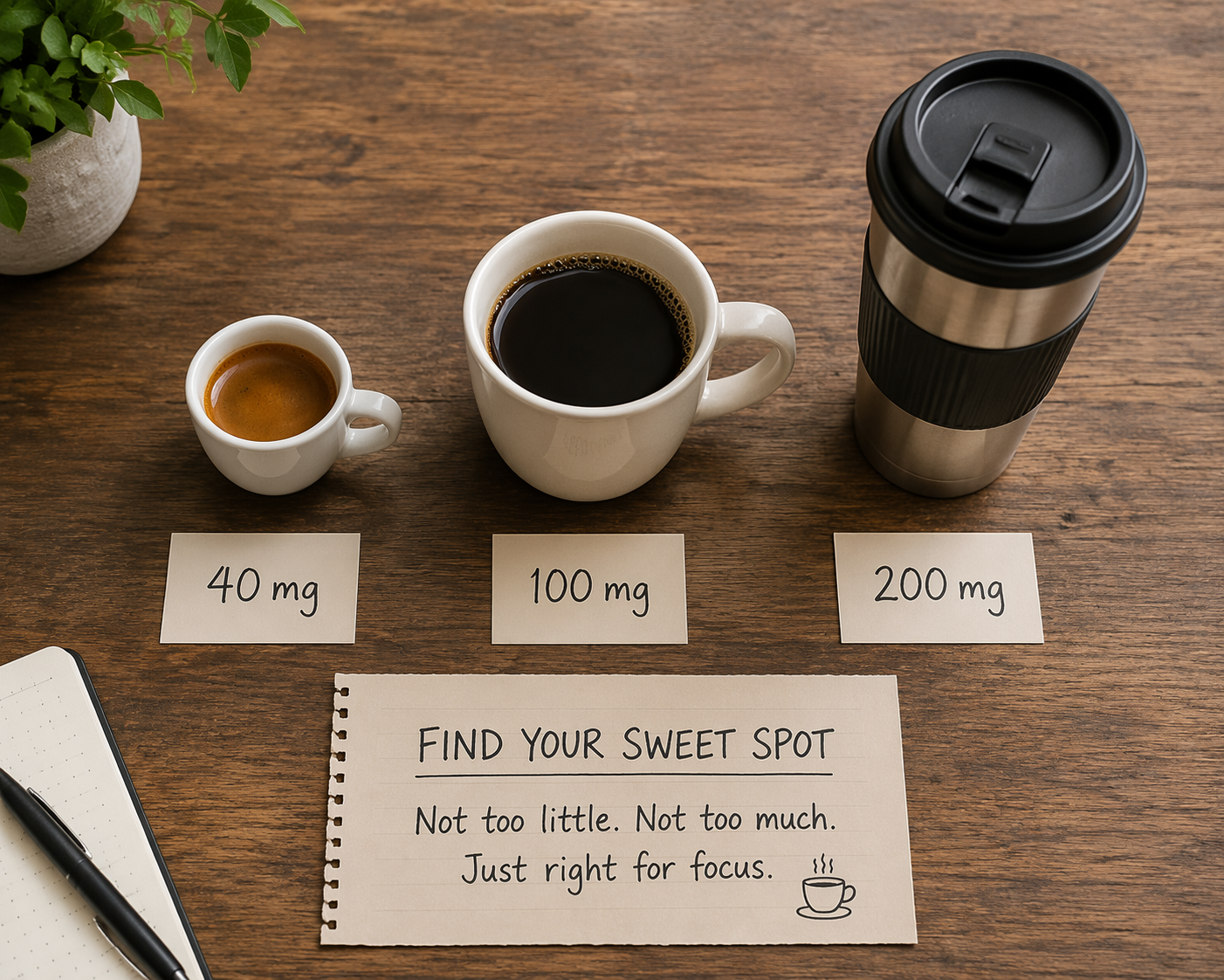 Three coffee cups labeled 40 mg, 100 mg, and 200 mg on a wooden desk