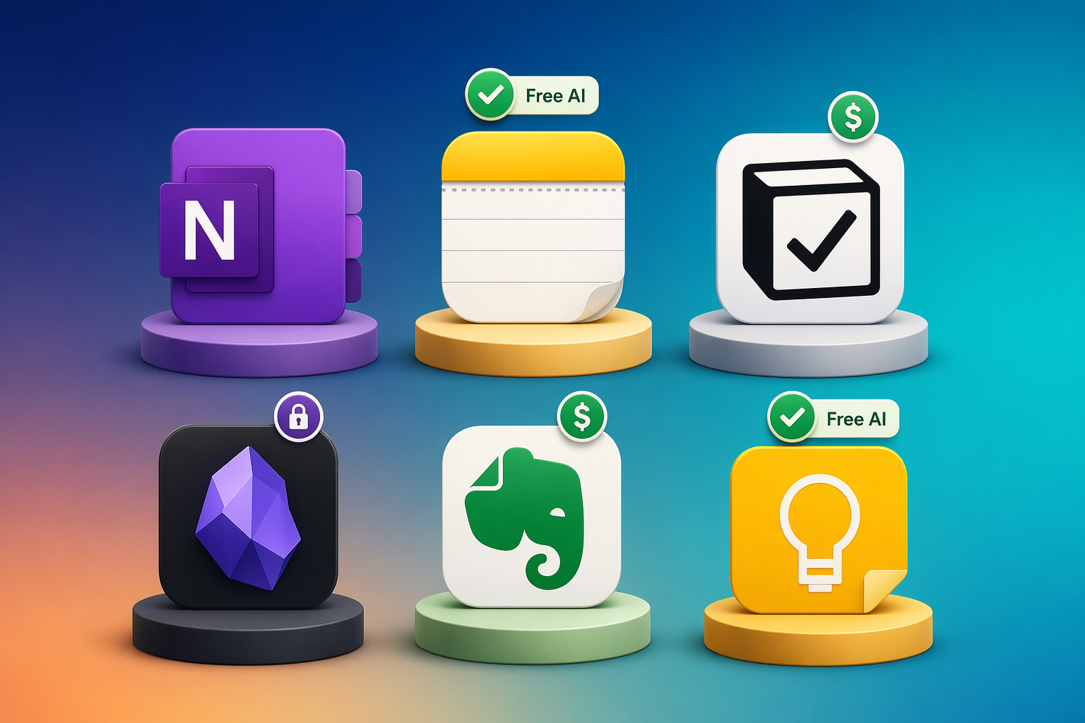 Six note-taking app icons arranged on pedestals against a gradient background, with green 'Free AI' badges on Apple Notes and Google Keep, dollar-sign badges on Notion and Evernote, and a privacy-lock badge on Obsidian.