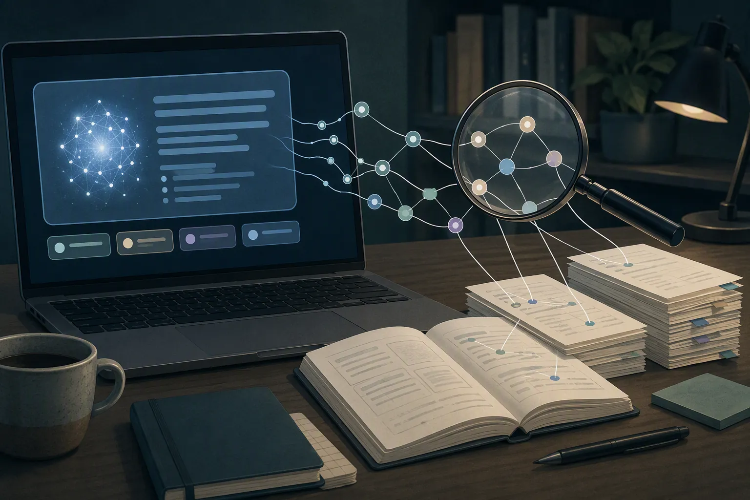 AI answer panel sending citation trails into notebook notes with a magnifying glass over the sources