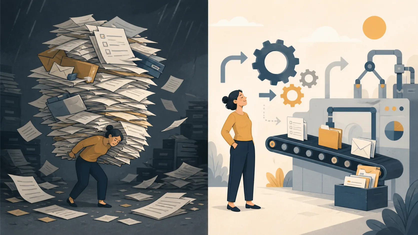 A split scene contrasts a person buried under forms with an automated system handling the administrative work