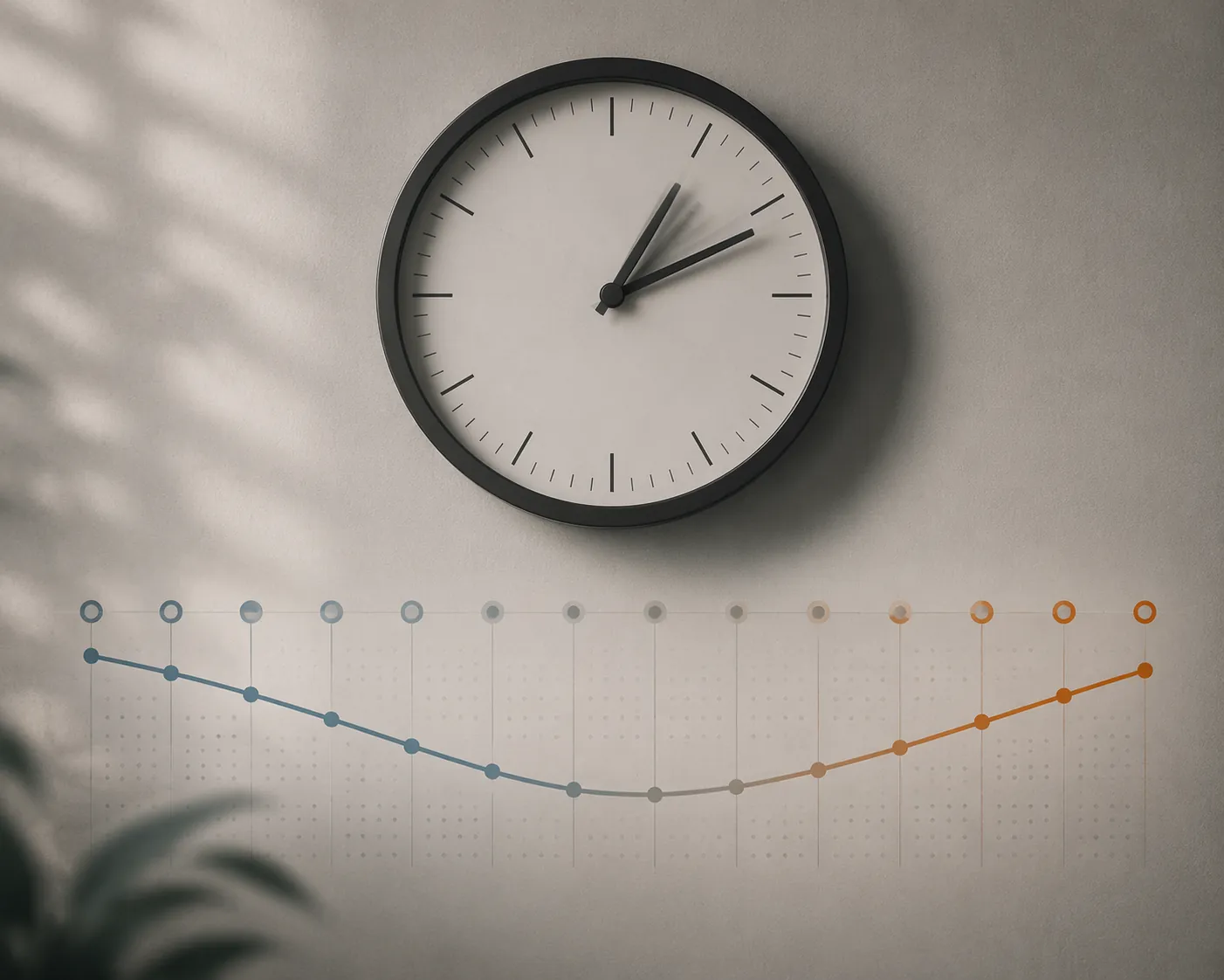 Office clock above a faint 14-day calendar with a productivity line dipping and recovering