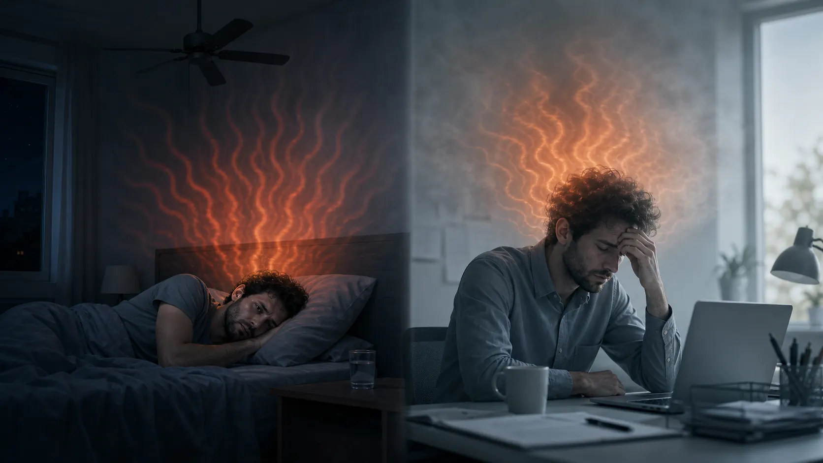A split scene showing a person struggling to sleep in a hot bedroom and feeling foggy at a desk the next morning