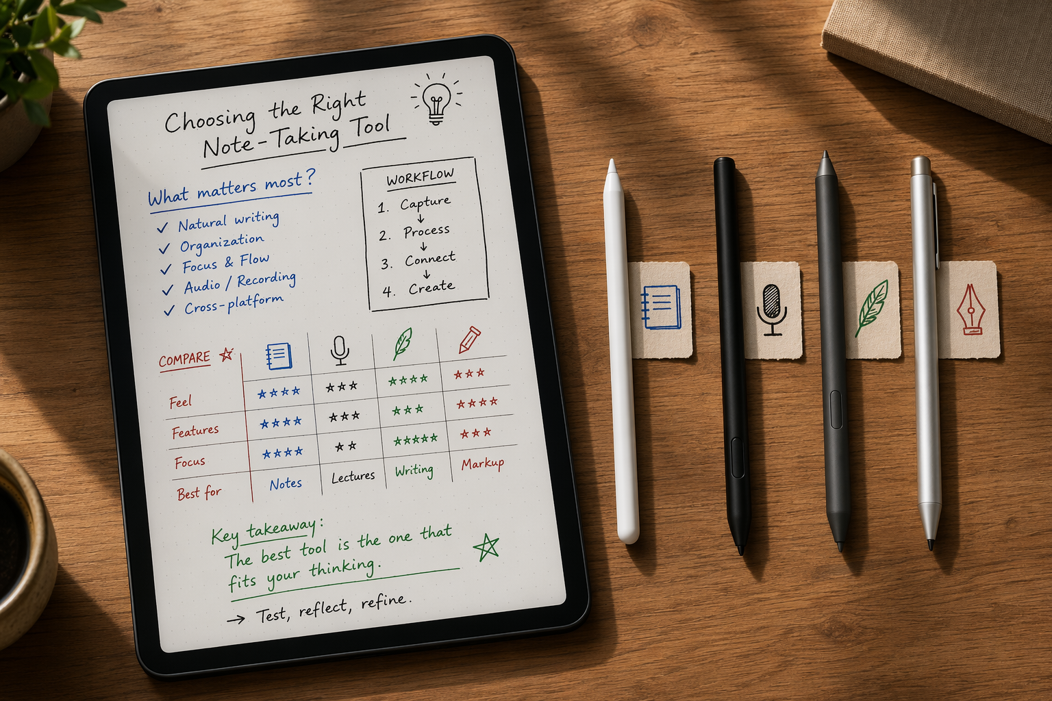 Tablet with handwritten notes and styluses arranged by note-taking app category