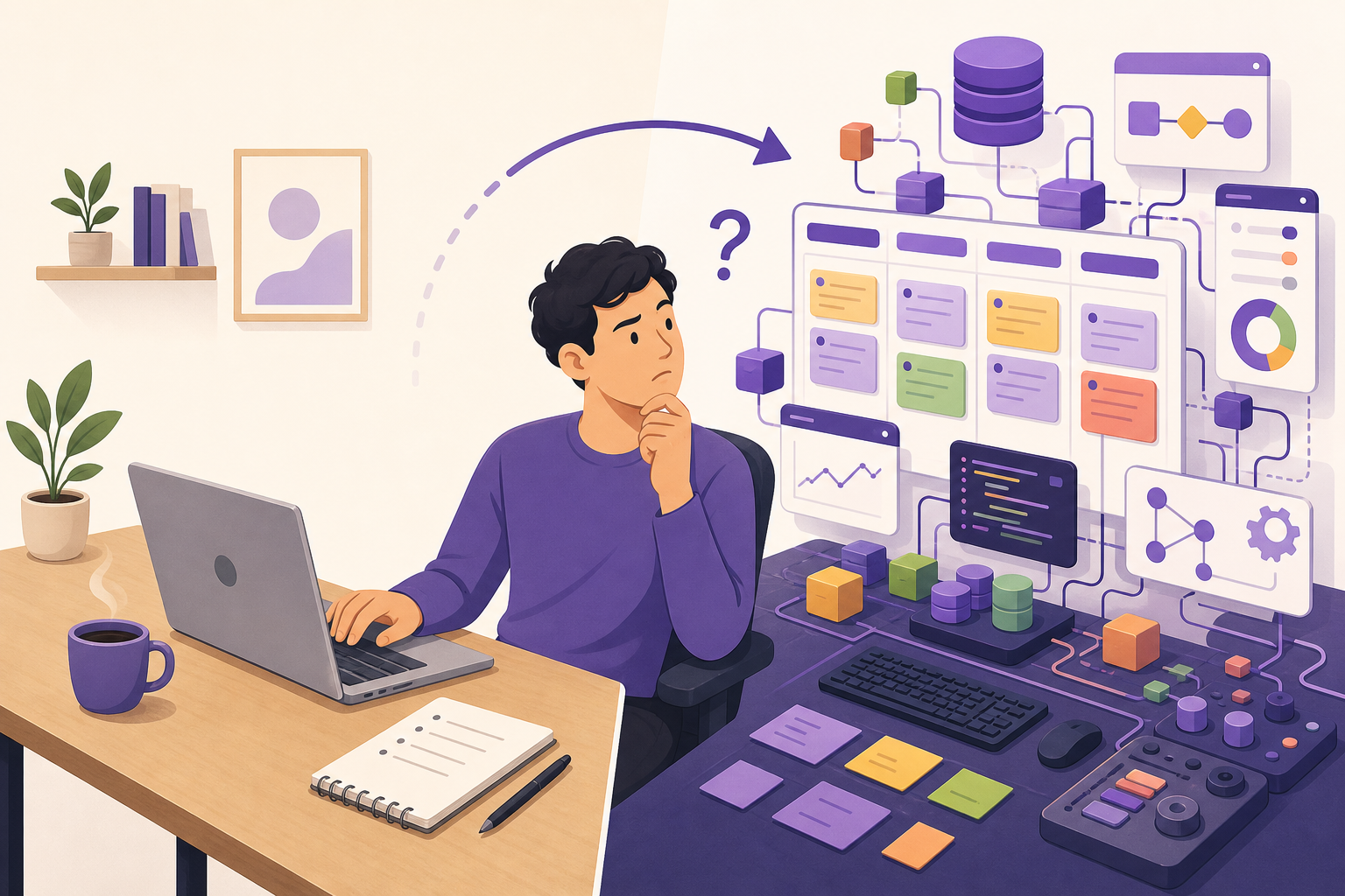A split-screen illustration: left side shows a minimalist desk with a person typing on a laptop and a notepad with bullet points; right side shows an elaborate desk with floating database blocks, kanban columns, and colorful widgets representing over-engineered workspace building.