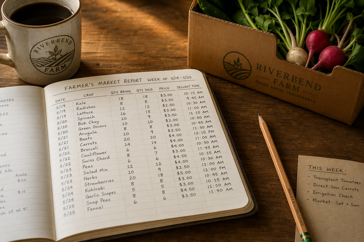 Notebook with handwritten columns for date, crop, quantity brought, quantity sold, price, and sellout time beside a pencil, produce box, and coffee mug