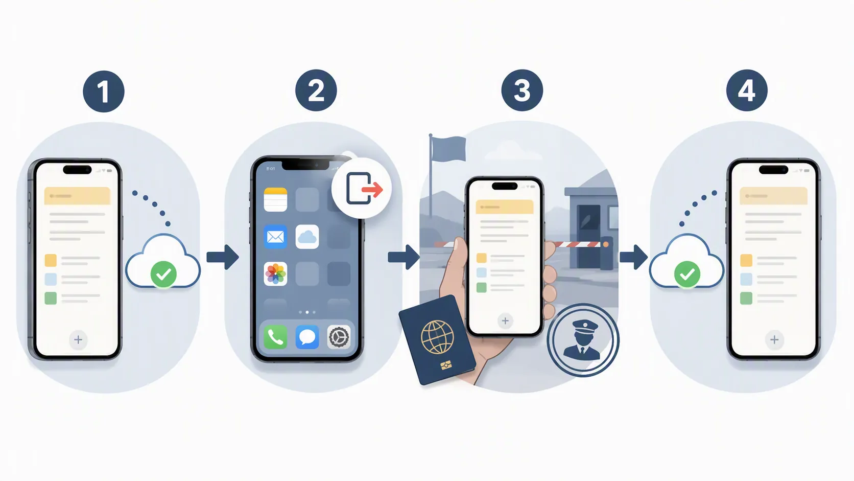 Four-step workflow showing backup, remove app access, cross the border, and restore notes