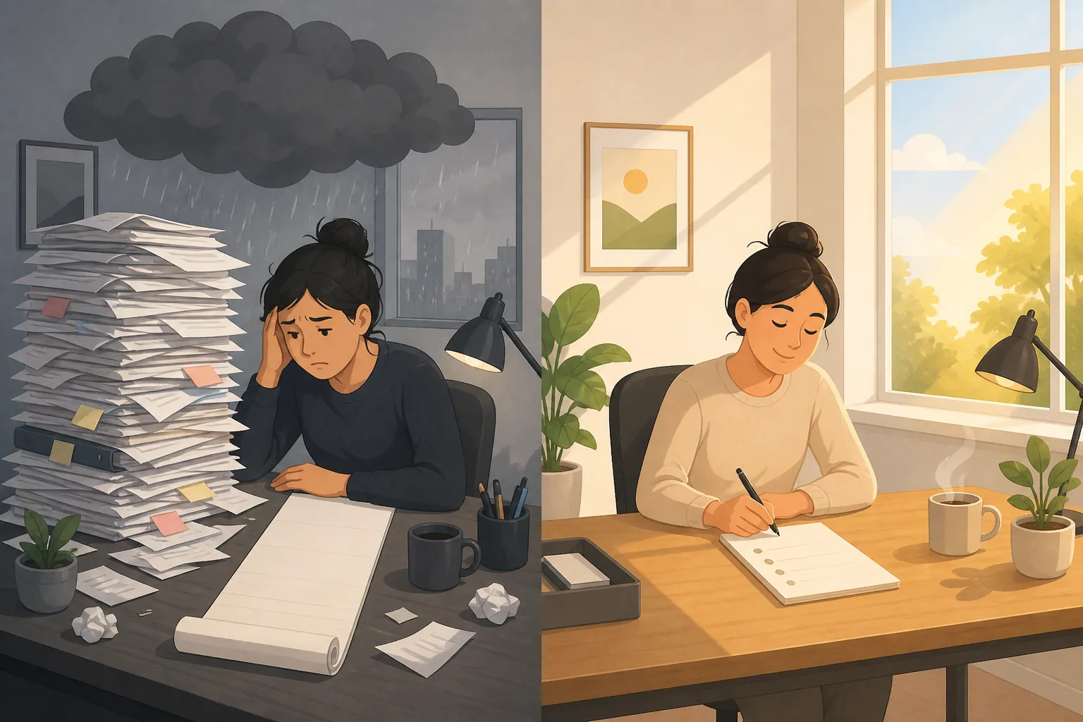 A tense worker facing a tall Monday pile of papers contrasted with a calm Friday review of a short organized list
