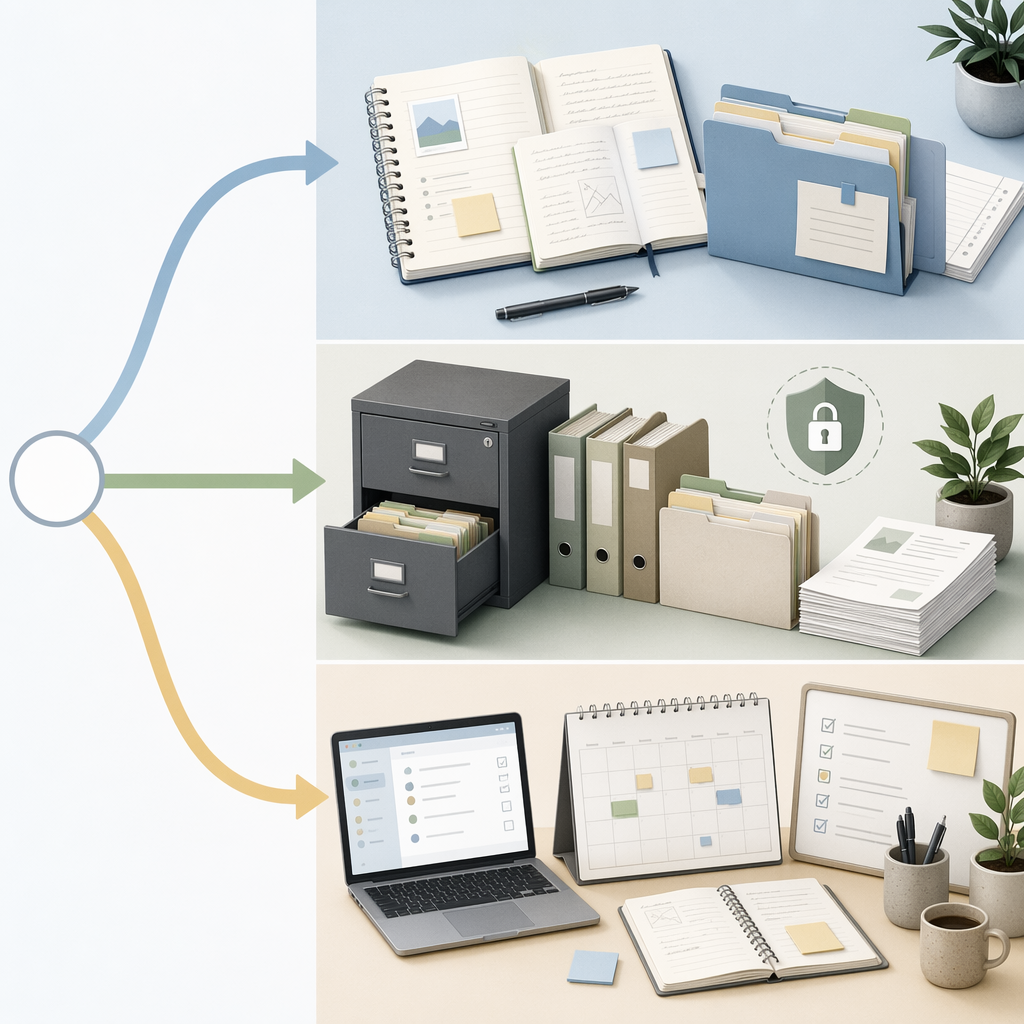 Three note-taking paths leading to notebooks, local document storage, and a connected workspace