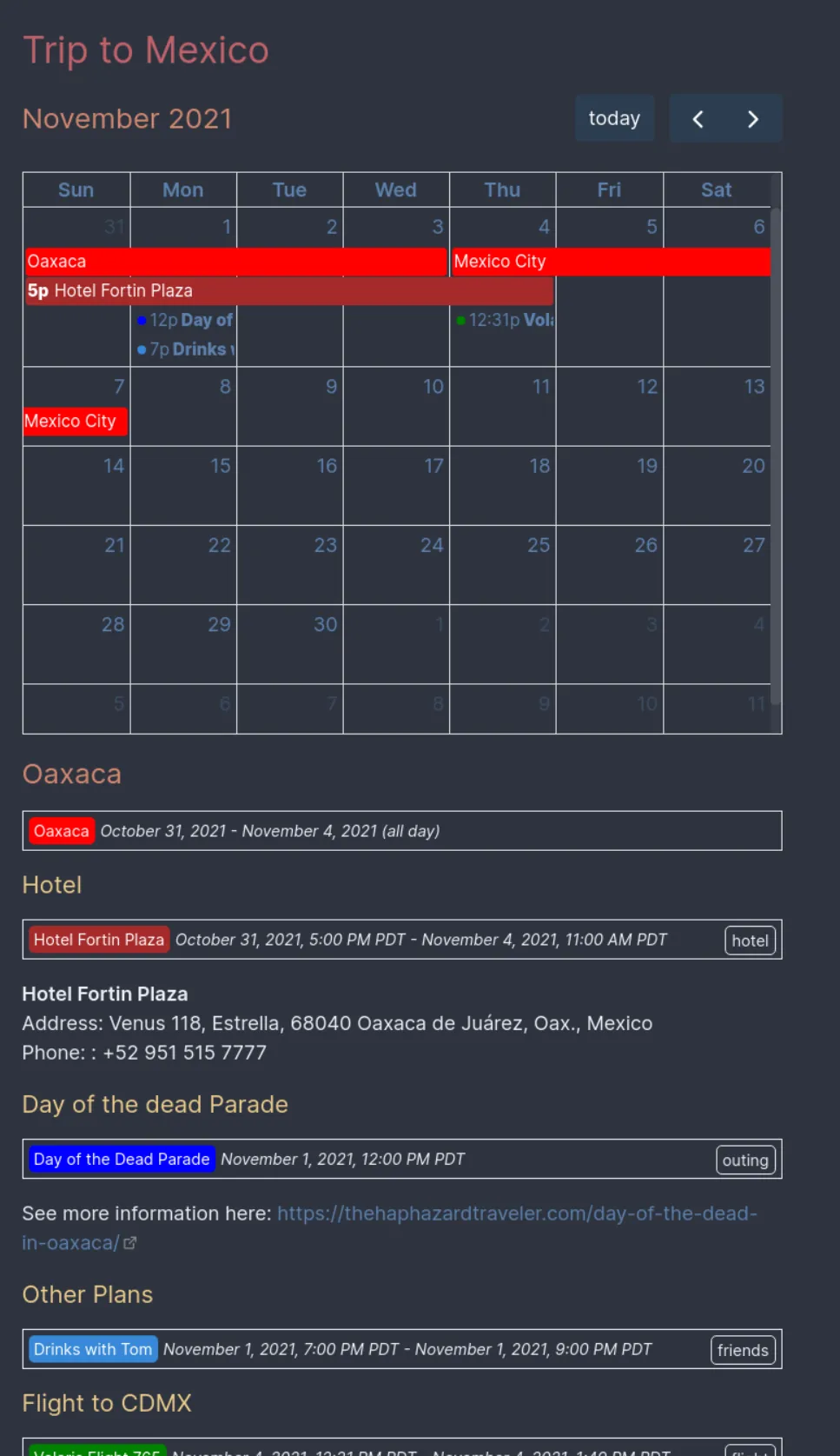 Obsidian Itinerary plugin screenshot showing a rendered calendar view generated from itinerary events inside a note