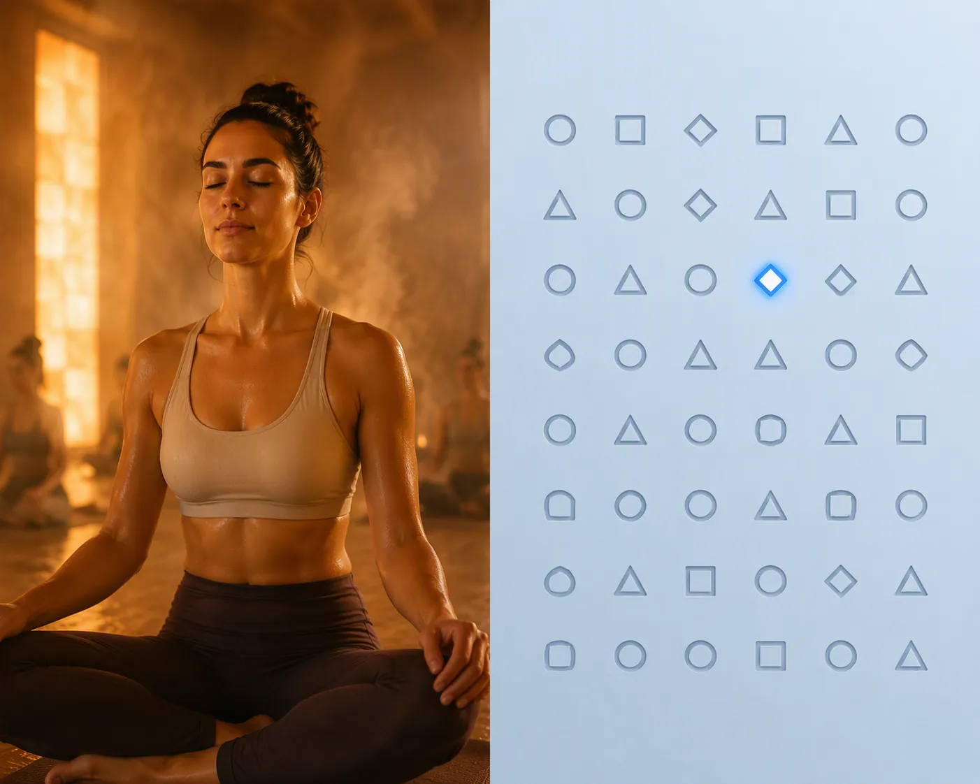 Split image showing calm after hot yoga on one side and an attention test grid on the other