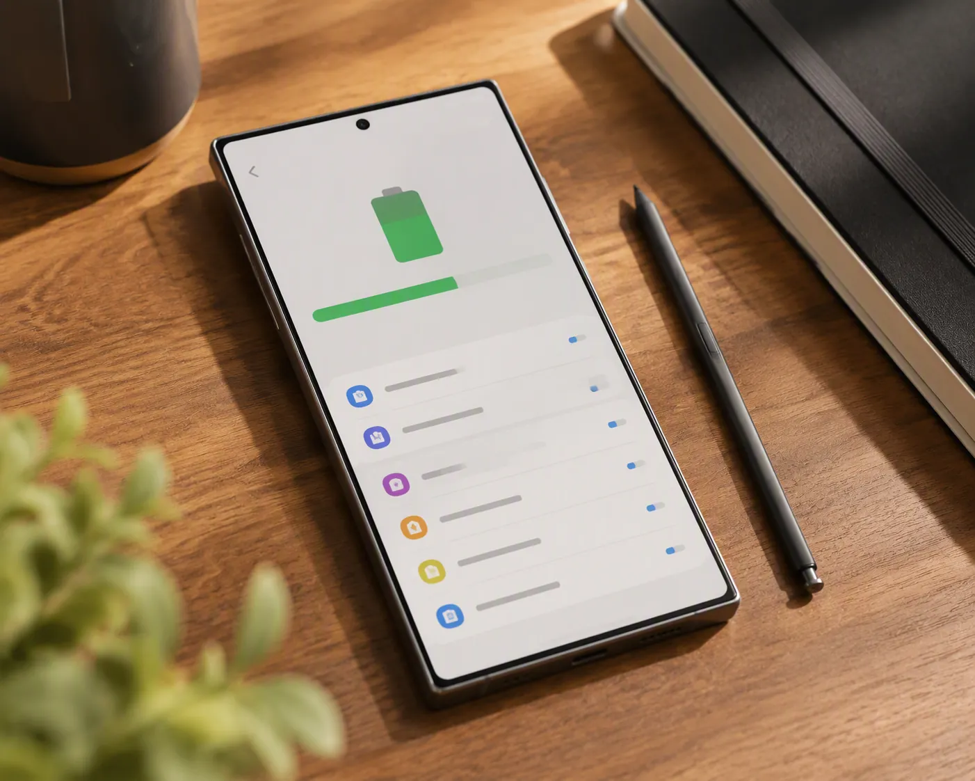 Samsung Galaxy S25 Ultra on a desk beside a notebook and S Pen with settings open