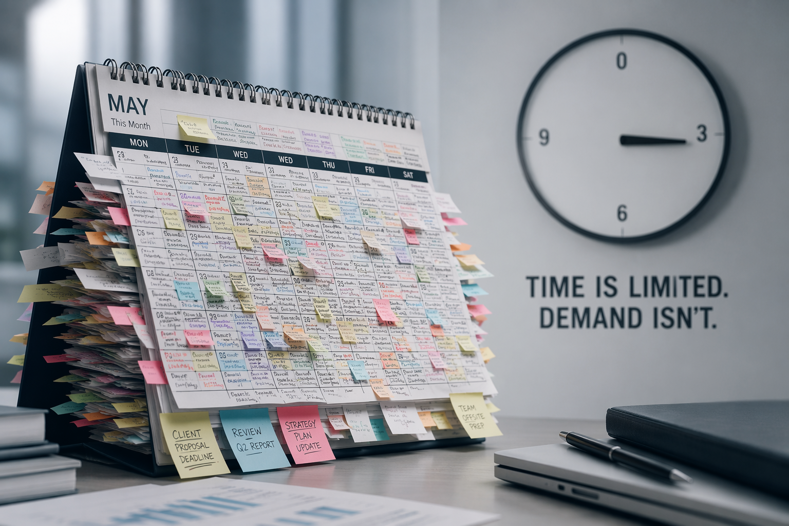 A crowded desk calendar with sticky notes and dense task entries beside a clock