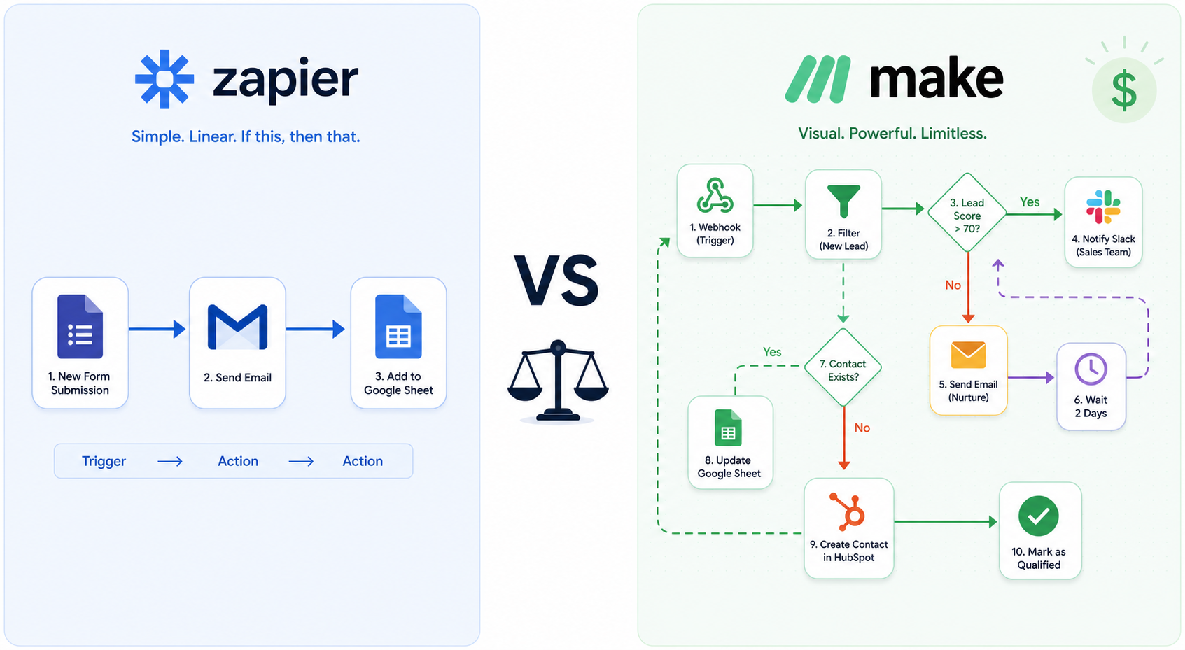 Split-scene illustration comparing Zapier's linear chain and Make's branching flowchart.