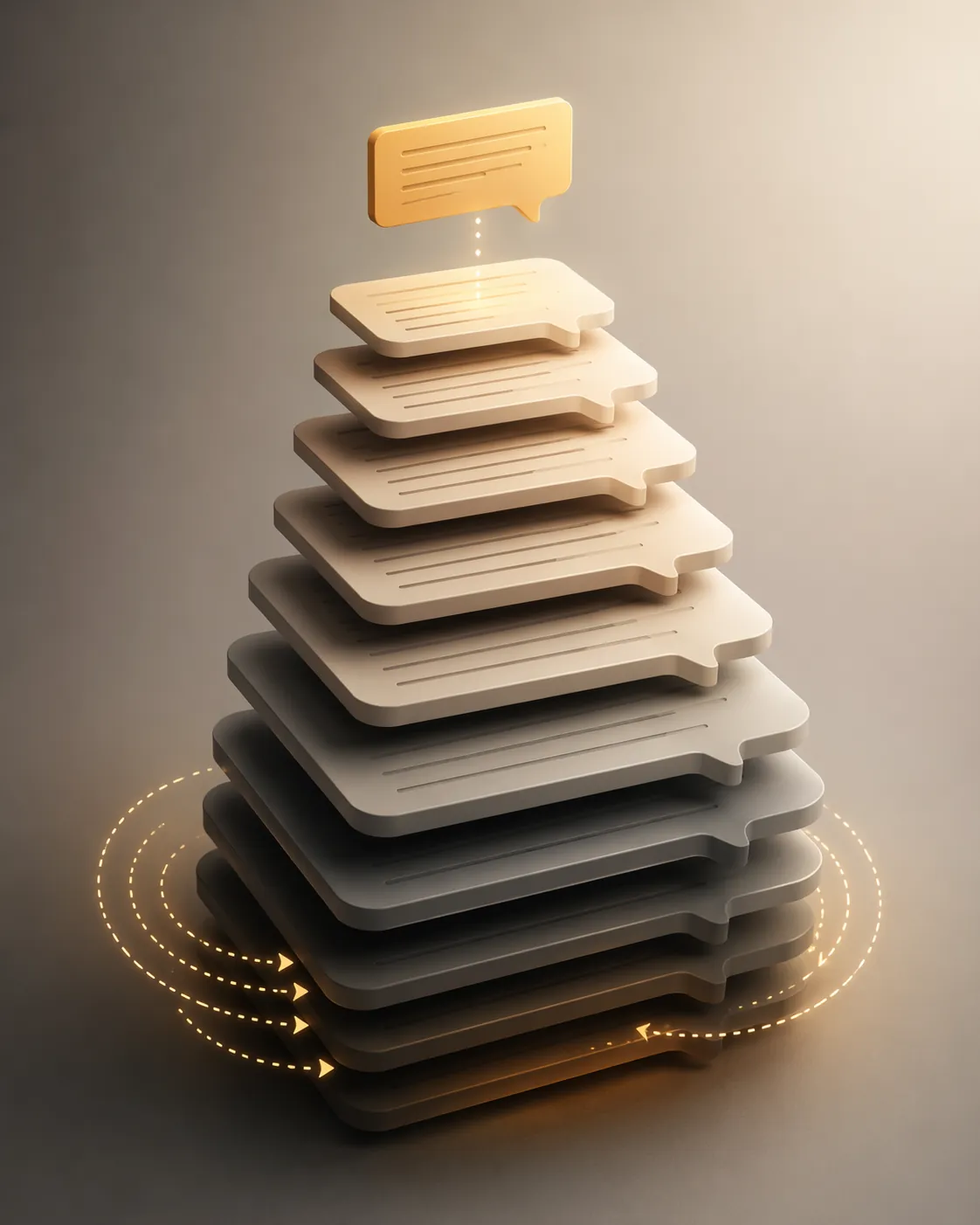 Stacked conversation bubbles and note cards illustrating compounding conversation history costs