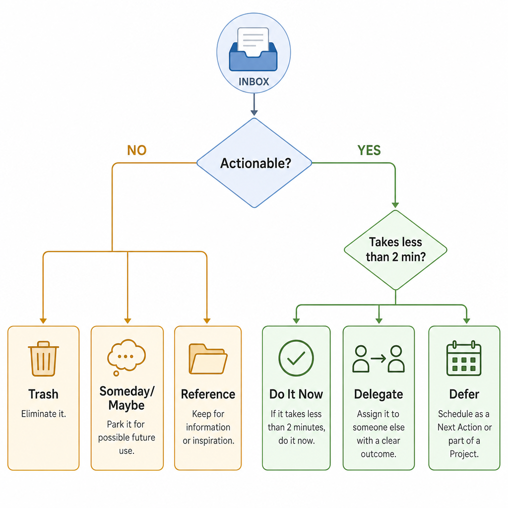 GTD Clarify decision tree flowchart showing the Actionable? decision node branching into non-actionable paths (Trash, Someday/Maybe, Reference) and actionable paths (2-minute rule, Delegate, Defer).