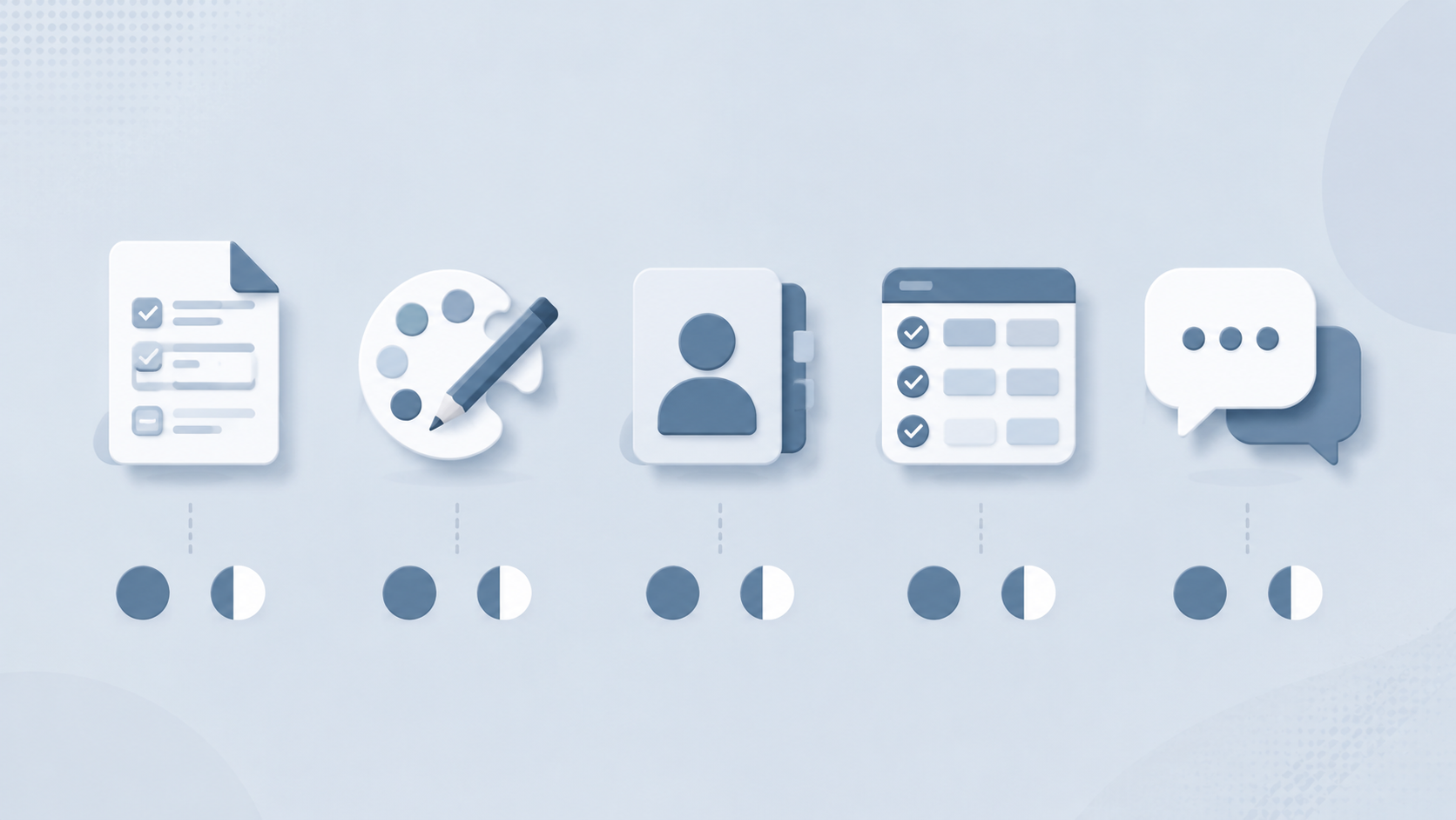 Five abstract workflow icons for data collection, design, CRM, project management, and messaging with indicators for read and write capability
