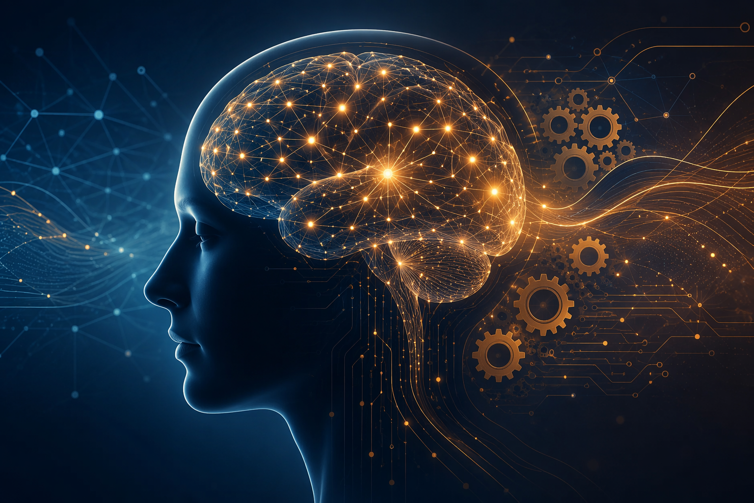 Illuminated brain combining neural networks, circuits, and gears to represent brain health and cognitive performance