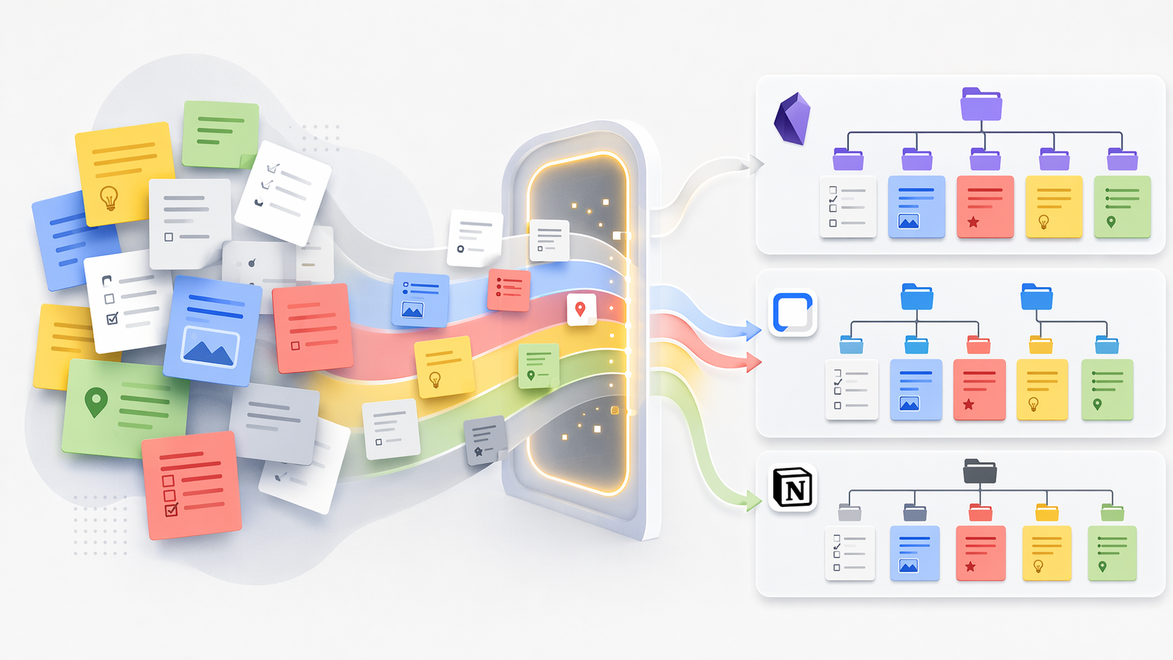 Colorful Google Keep notes moving from an unordered pile through an export gateway into structured destination app layouts