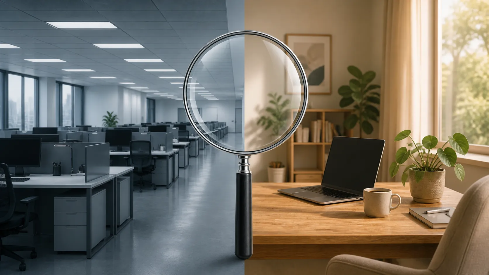 Editorial illustration comparing an empty corporate office with a warm home workspace under a magnifying glass