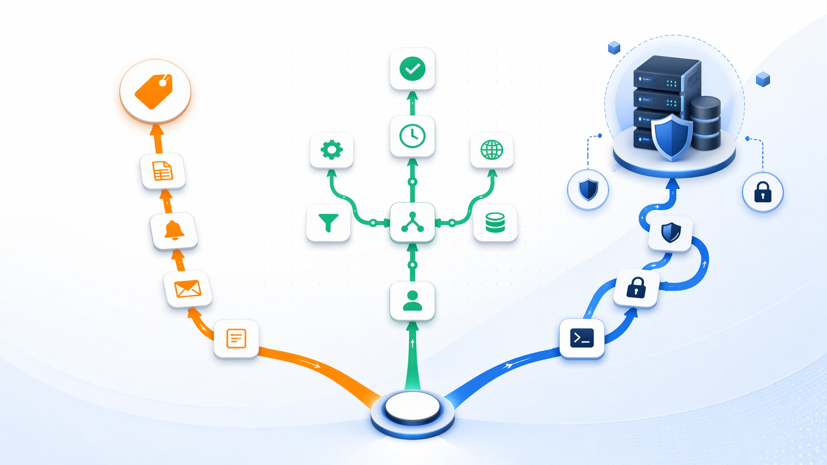 Three workflow automation paths showing a simple linear path, a branching visual path, and a shielded self-hosted path