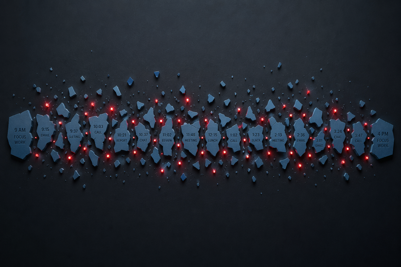 A fragmented timeline with red interruption markers showing a broken workday