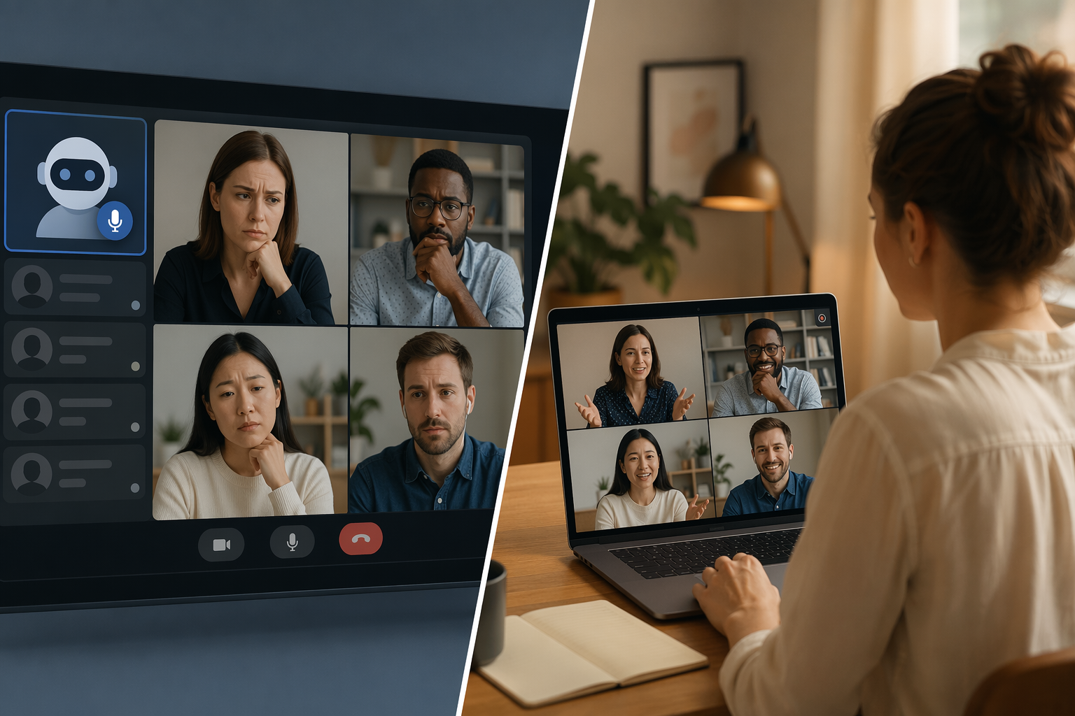 Split-screen illustration comparing a visible meeting bot with a quiet local recording workflow