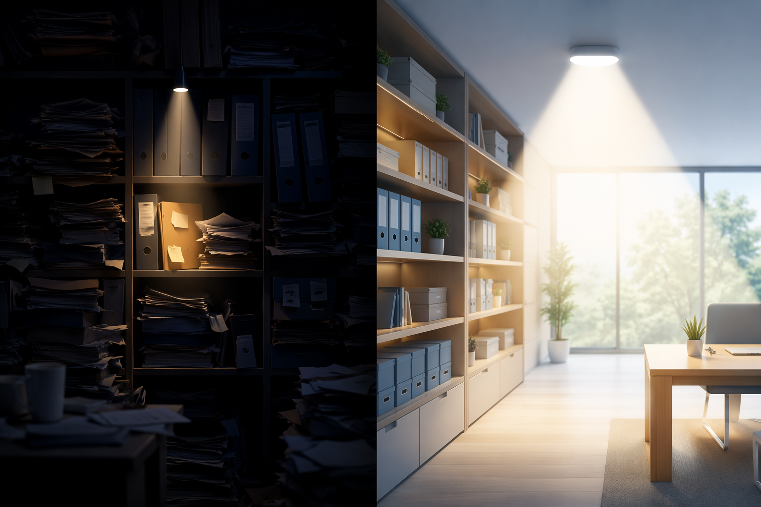 Split image contrasting difficult search through cluttered folders with bright organized retrieval